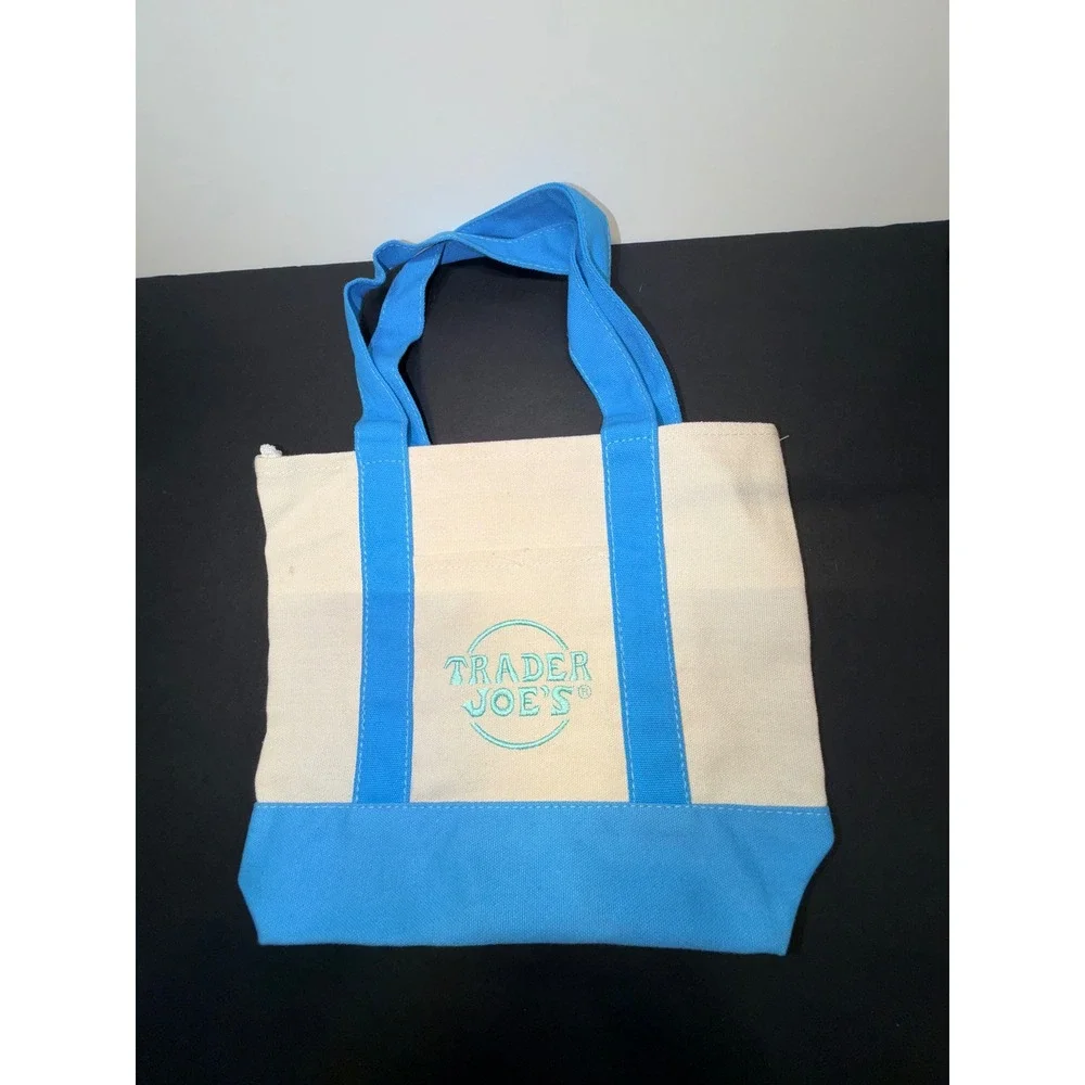 Trader Joes Mini Canvas Tote Bag Blue Cream Embroidered Logo Grocery Bag